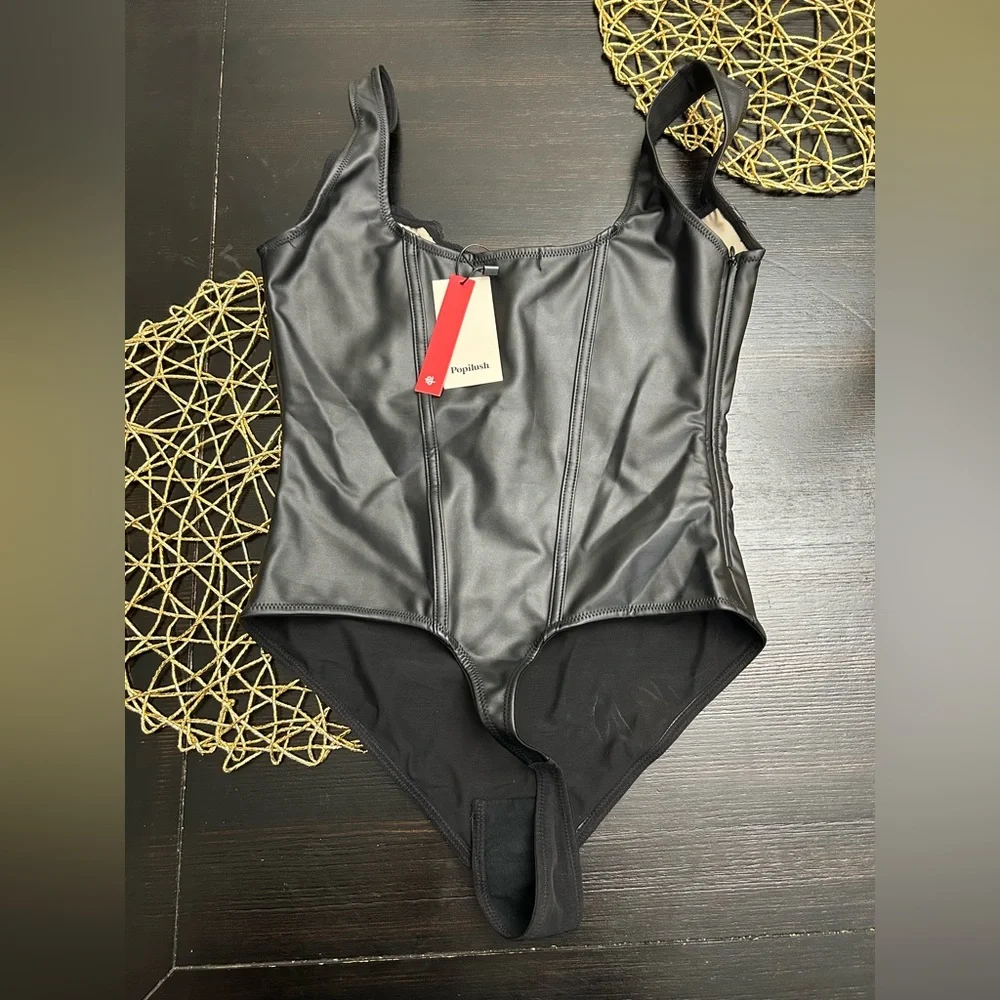 Popilush Leather Corset Lace Shapewear Bodysuits Tummy Control Faux Leather - Picture 8 of 9